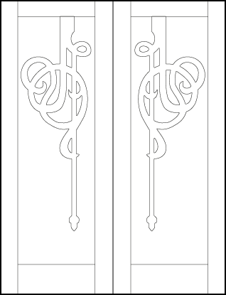 pair of custom art deco interior doors with large decorative glass panel and wood ornate
