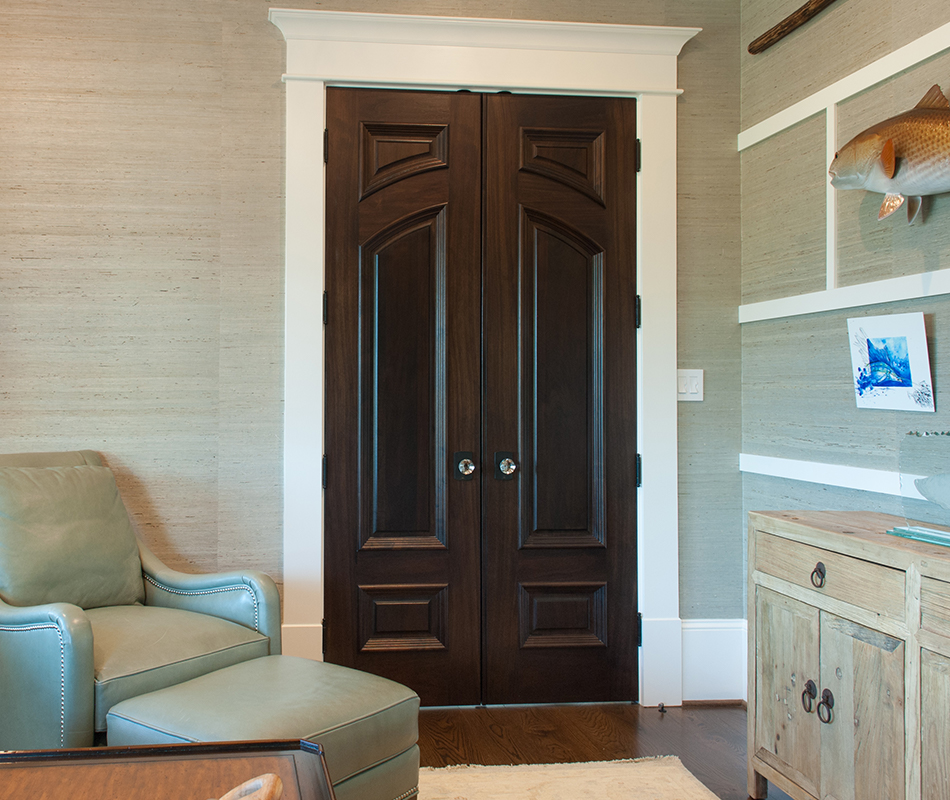 Pair of custom doors in walnut with Big Bolection (BBM) moulding and Scoop (B) panel
