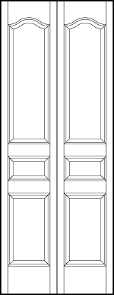 2-leaf bi-fold stile and rail interior door with bottom square, horizontal center and top rectangle with slight top arch