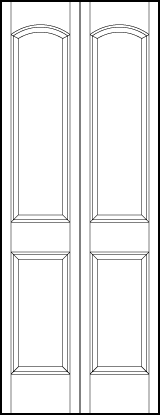 2-leaf bi-fold stile and rail interior door with two bottom rectangle panels and large top panel with curved arch