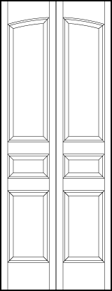 4-leaf bi-fold interior flat panel door with curved top tall panel, horizontal center, and square bottom sunken panels