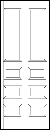 2-leaf bi-fold stile and rail interior wood doors with large sunken top panel and three same sized horizontal panels