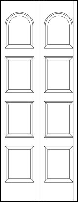 2-leaf bi-fold stile and rail interior wood doors with four horizontal panels with radius top arch