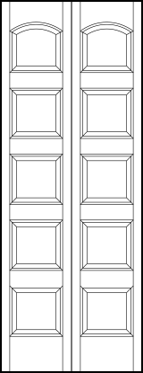 2-leaf bi-fold stile and rail interior wood doors with five equally sized sunken panels with top arch