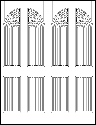 4-leaf bi-fold stile and rail art deco custom interior doors with two vertical tambour panels and top half-circle arch