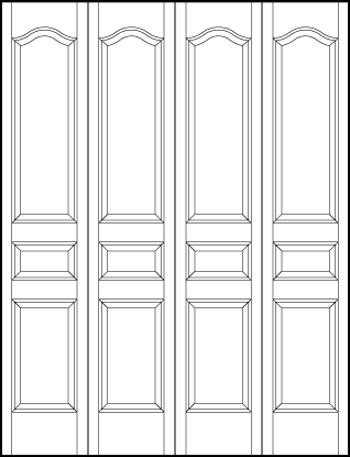 4-leaf bi-fold interior flat panel door with arch top panel, horizontal center, and two vertical bottom sunken panels