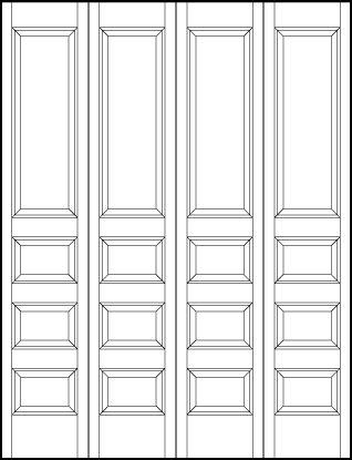 4-leaf bi-fold stile and rail interior wood doors with large sunken top panel and three same sized horizontal panels