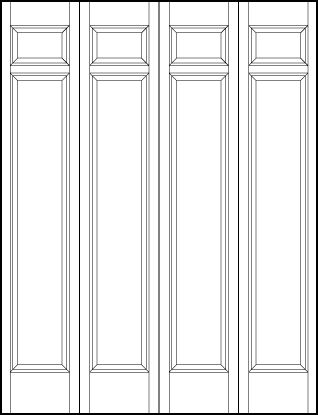 4-leaf bi-fold interior wood doors with tall sunken skinny center panel, two small square top, and two tall panels
