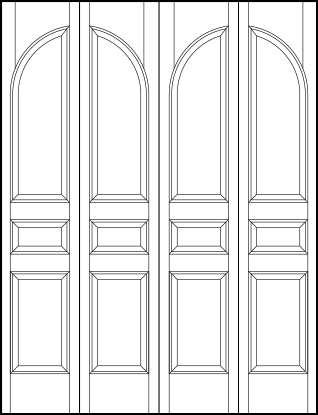 4-leaf bi-fold stile and rail interior wood doors with arched top, sunken tall center and bottom vertical panels
