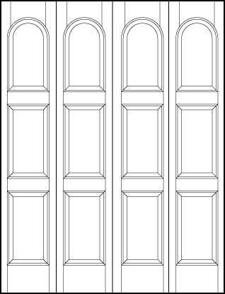 4-leaf bi-fold stile and rail interior wood doors with three vertical rectangle sunken panels and radius top panel