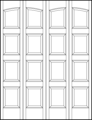 4-leaf bi-fold custom panel interior doors with eight vertical sunken panels with curved arch top