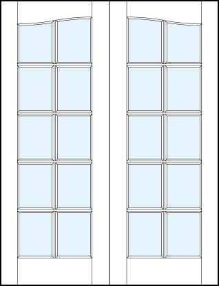 pair of interior glass french doors with common arch with ten square true divided lites and cathedral door top