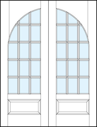 Pair of front entry french glass doors with common radius top panel, true divided lites and bottom raised panel
