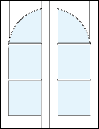 pair of modern interior french doors with common radius top panel and three horizontal true divided lites