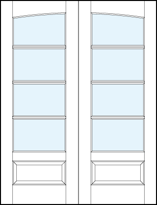 pair of interior glass french doors with common arch top panel, four horizontal true divided lites & bottom panel