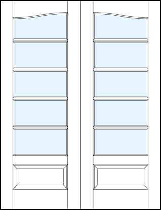 pair of interior glass french doors with common cathedral top, five horizontal true divided lites and bottom panel