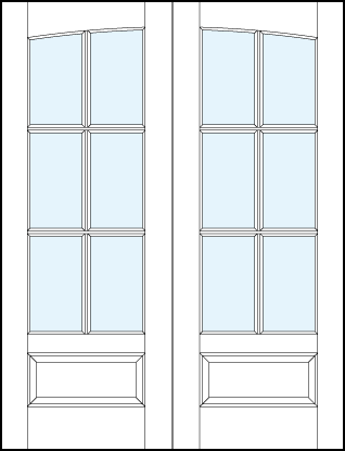 pair of custom interior glass french doors with common arch top panel, six true divided lites and bottom panel