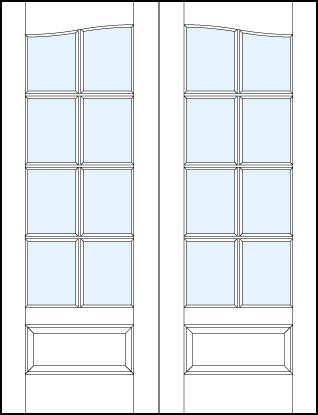 pair of custom front entry glass french doors with common cathedral top, 8 true divided lites & bottom panel