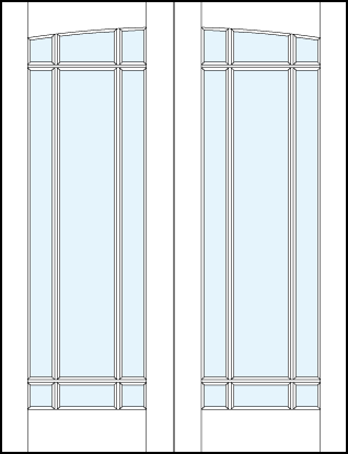 pair of modern front entry french doors with common arch top panel, large glass panel and true divided lites
