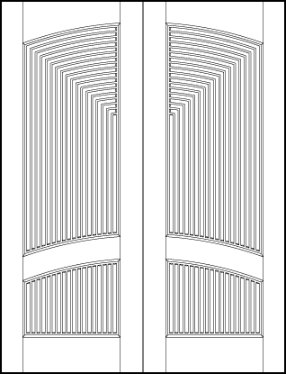 pair of stile and rail art deco interior doors with common arch and two forced perspective vertical tambour arched panels