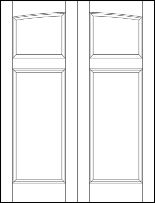 pair of stile and rail front entry door with common arch, top square and bottom rectangle sunken panels