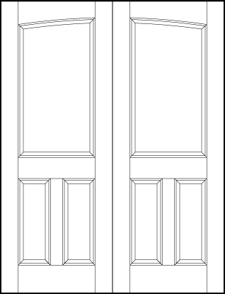 pair of stile and rail front entry doors with common arch, two bottom rectangle panels and large top panel