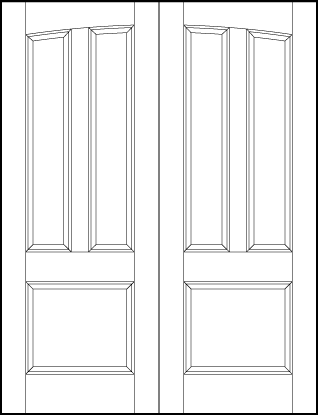pair of stile and rail front entry doors with common arch, large bottom square and two arched rectangle panels on top