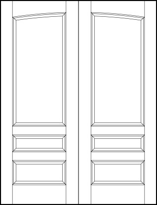 pair of interior flat panel doors with common curved arch, top rectangle, center small and bottom sunken rectangles