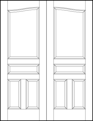 pair of interior flat panel doors with common arch, top rectangle, horizontal center, and two vertical bottom sunken panels