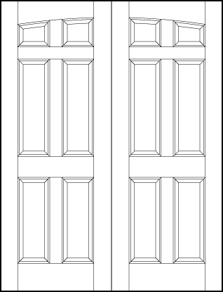 pair of stile and rail interior wood doors with common arch, four tall sunken bottom panels and small top squares