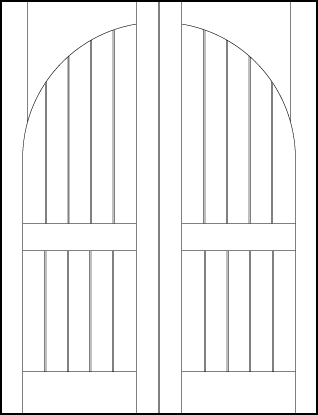 pair of interior doors with common radius arch, six v-groove vertical lines with tall center and bottom