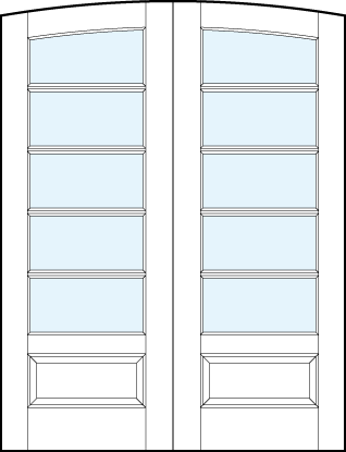 pair of interior glass french doors with common arch top and five horizontal true divided lites and bottom panel