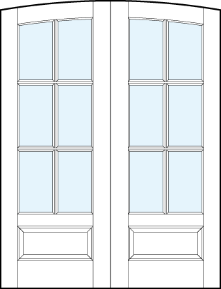 pair of custom interior glass french doors with common arch top, six true divided lites and bottom panel