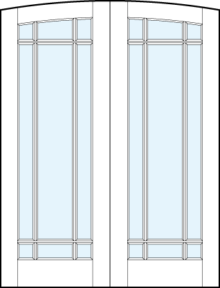 pair of modern interior french doors with common arch top, large glass panel and true divided lites