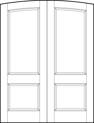 pair of stile and rail interior door with common curved arch top, top sunken rectangle and bottom sunken square