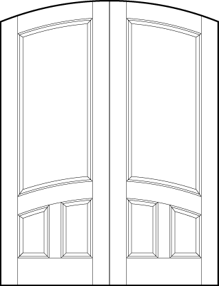 pair of stile and rail front entry doors with common arch top, two sunken rectangles and large top panel with arched top