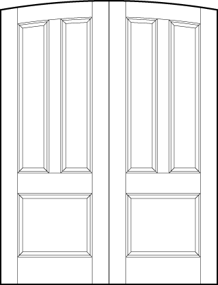 pair of stile and rail front doors with common arch top, large bottom square and two arched rectangle panels on top