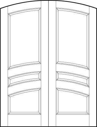 pair of stile and rail interior doors with common arch top, and three horizontal curved panels