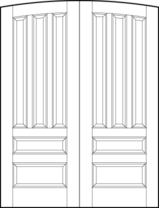 pair of stile and rail front entry wood doors with common arch top, three top panels with small and medium bottom panels