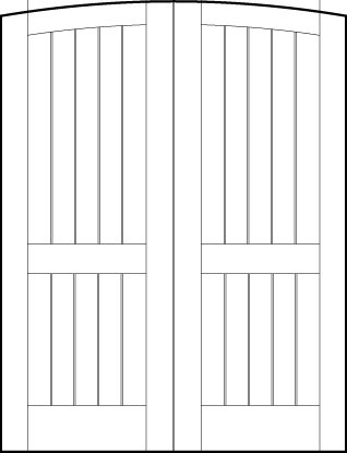 pair of tongue and groove interior doors with common arch top, six center v-groove vertical lines and center and bottom