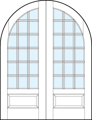 pair of interior glass french doors with common radius top, 18 true divided lites and bottom raised panel