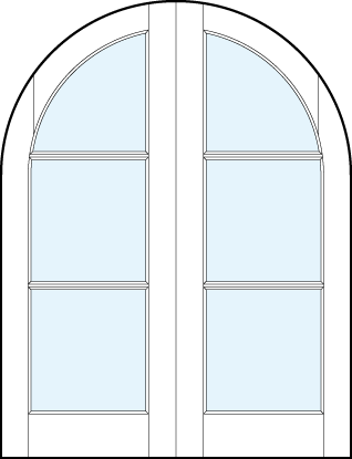 pair of modern interior french doors with common radius top and three horizontal true divided lites