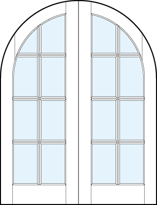 pair of custom interior glass french doors with common radius top and eight true divided lites