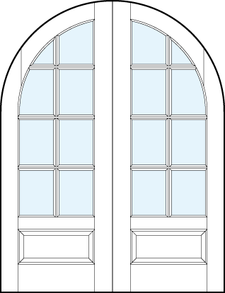 pair of custom interior glass french doors with common radius top, 8 true divided lites and bottom panel
