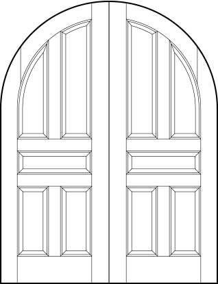 pair of stile and rail interior wood doors with common radius top, four vertical and center horizontal sunken panels