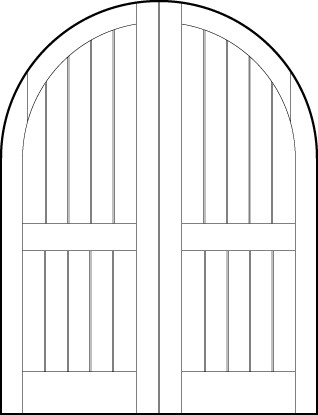 pair of interior doors with common radius arch top, six v-groove vertical lines with tall center and bottom