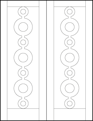 pair of custom art deco interior doors with large decorative glass panel and wood ornate with multiple circles