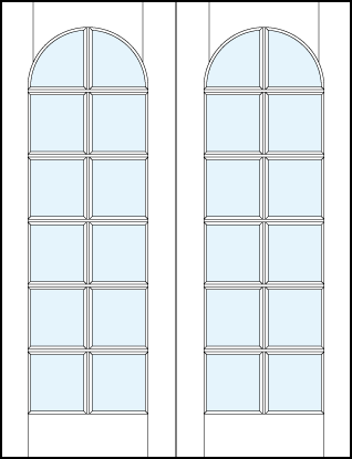 pair of interior glass french doors with square true divided lites design with half circle top arch
