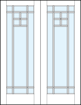 Pair of front entry french style doors with glass panel and border true divided lites with extra top center design
