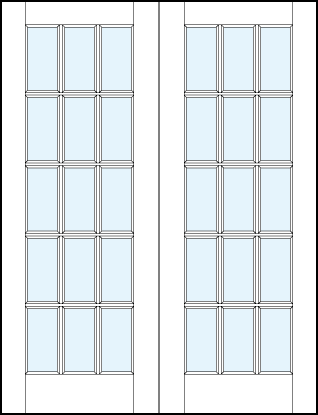 Pair of front entry french style doors with glass panel and square true divided lites design creating 15 sections